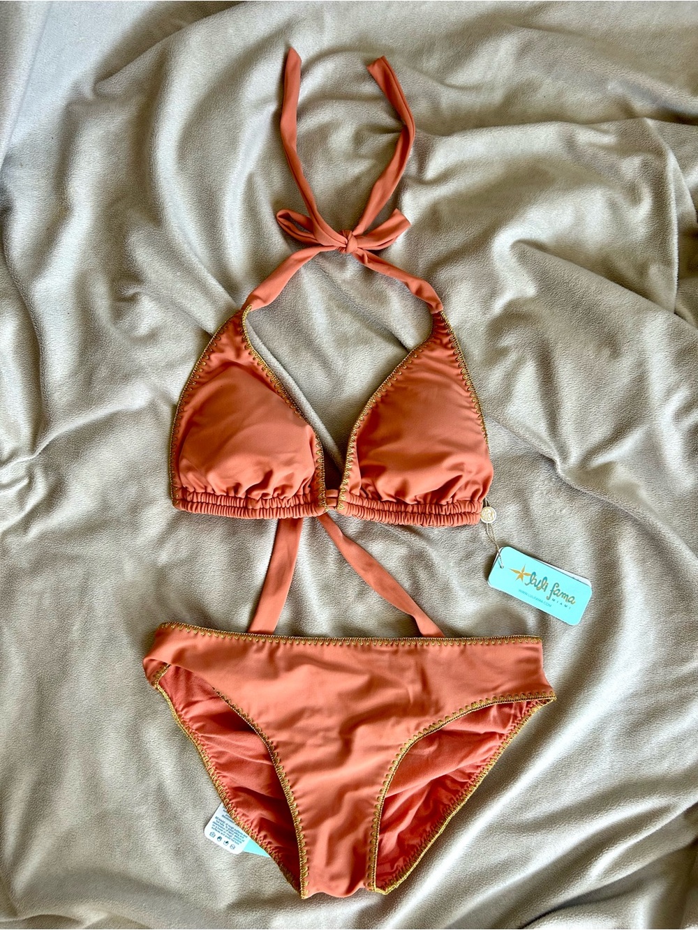 Luli Fama Miami Luli Chic Triangle Top & Ruched BottomBikini in Azafran Orange M